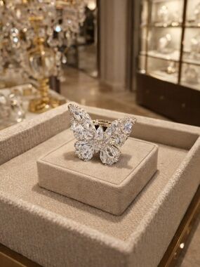 Iced Out Cubic Zirconia Butterfly Statement Ring Silver Adjustable Band